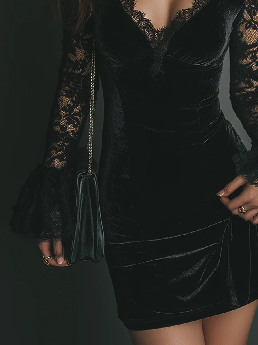 Kaja | Mini haljina od baršuna s čipkastim detaljem
